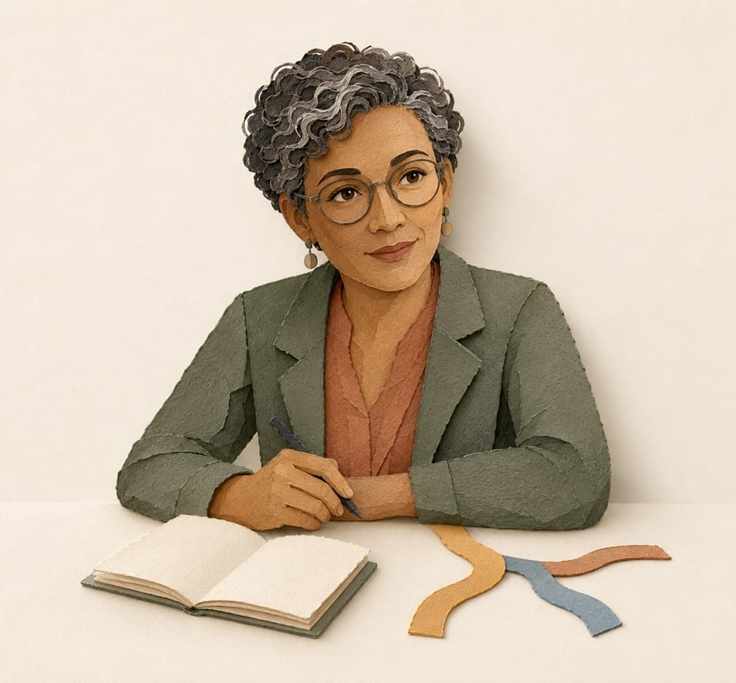 Layered-paper portrait of fictional AI philosophy guide Professor Ada Rowan