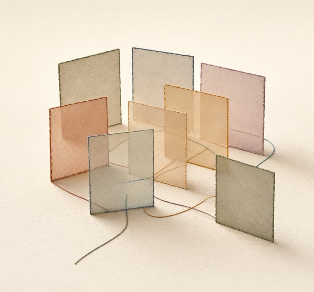 Overlapping translucent panels connected by fine threads