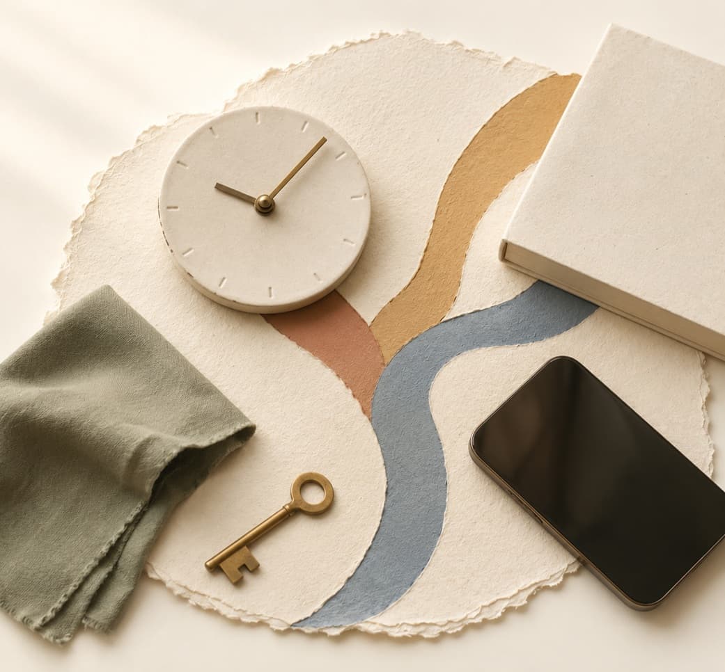 Familiar objects connected by branching paper paths
