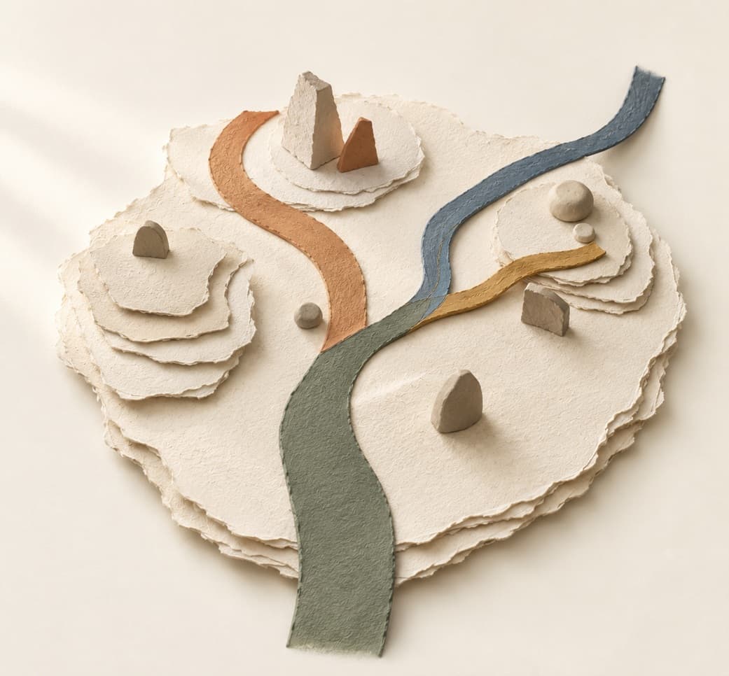 Several paper paths branching across a tactile landscape
