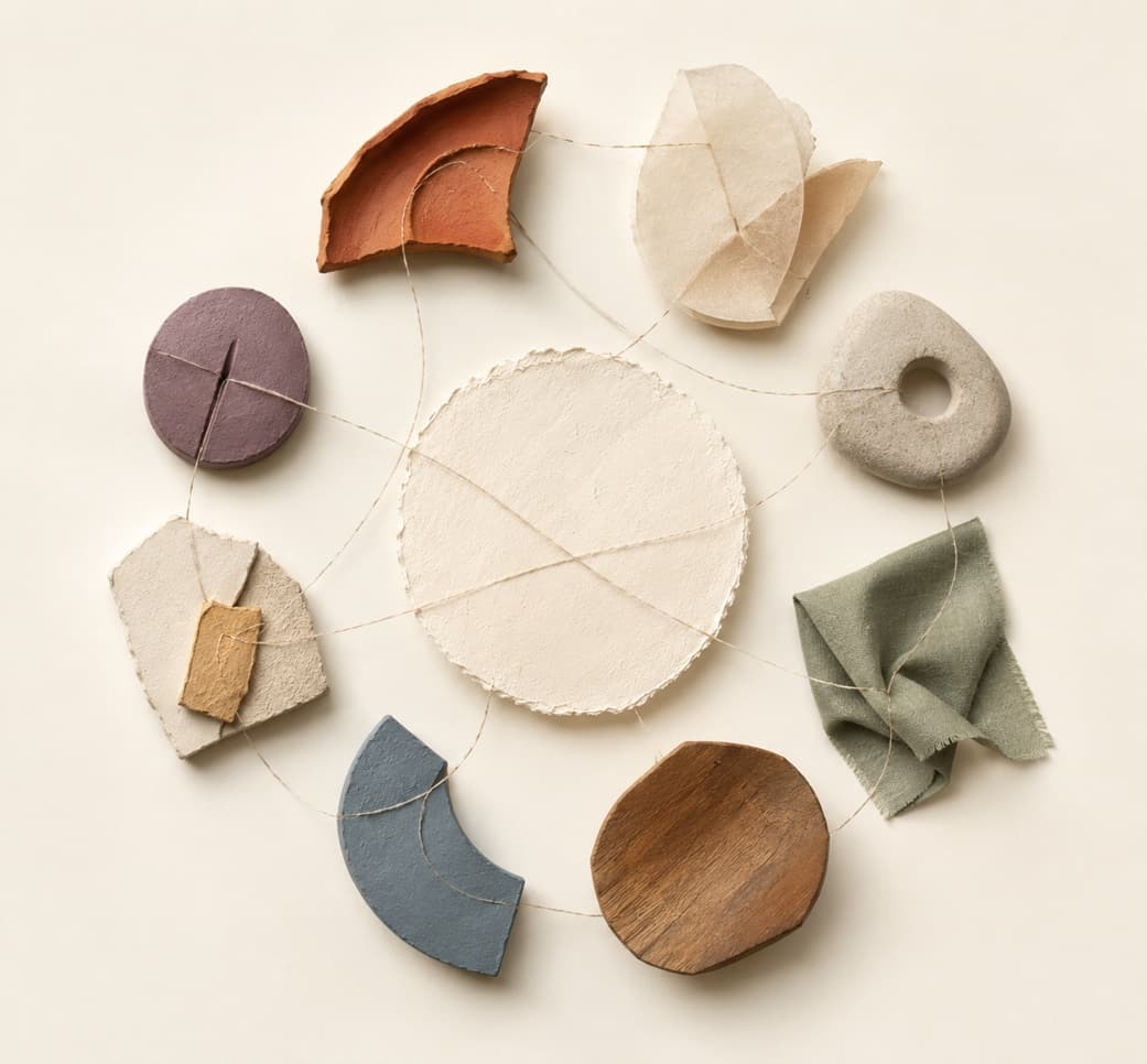 Distinct tactile forms arranged in conversation around a shared center