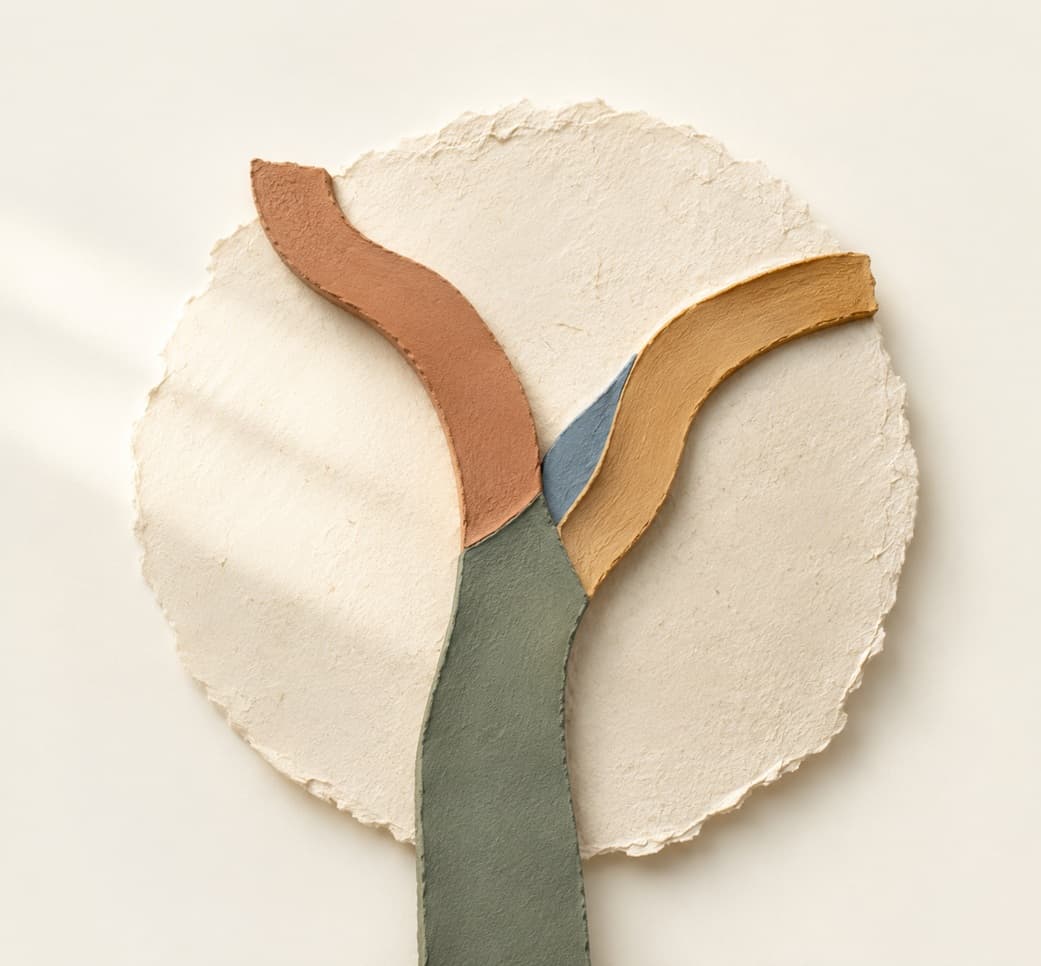 Three tactile paper paths branching across a warm circular landscape